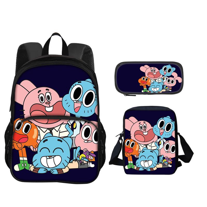 The Amazing World of Gumball Round Front Bag Backpack Pen Bag Shoulder Bag 3Pcs Set Cartoon Anime Printed Student Boys and Girls