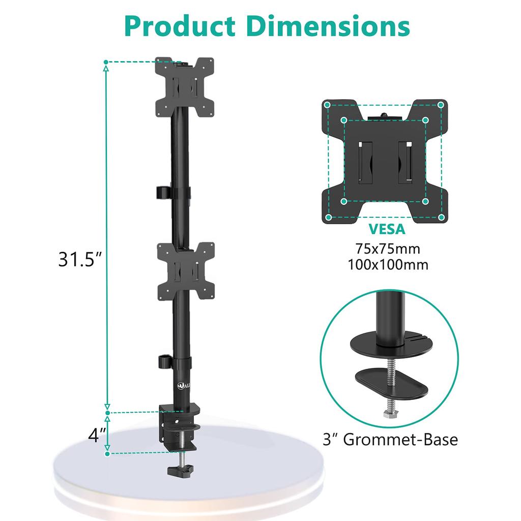 WALI Dual Monitor Desk Mount Stand for LCD/LED Flat Screen TVs, Vertical Position, Two Monitors, 27" with Grommet Base (M002XLS), Black
