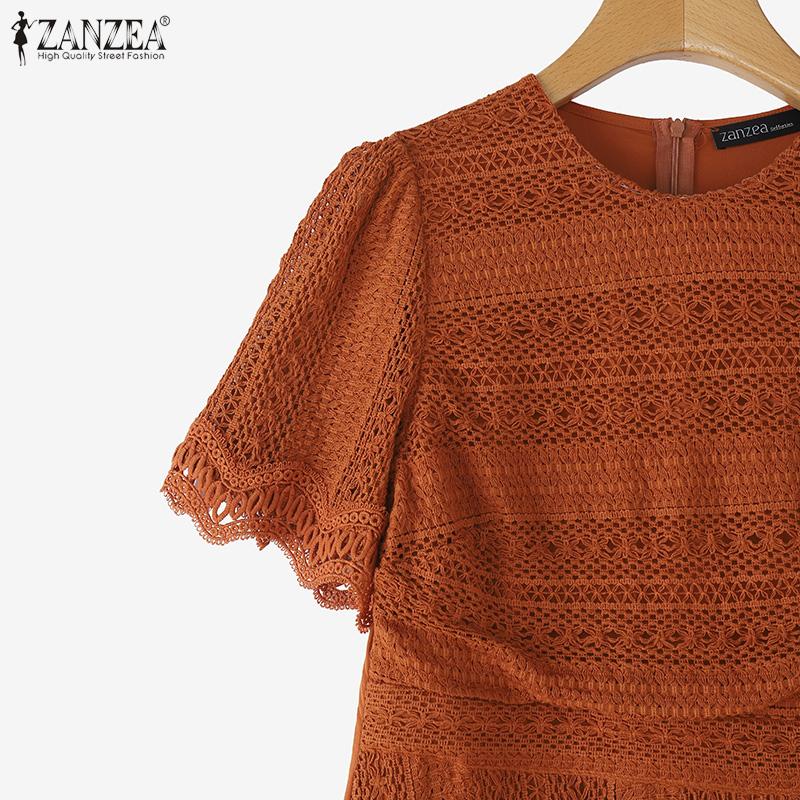 ZANZEA Elegant Ladies Round Neck Short Sleeve Collect Waist Patchwork Lace Dress