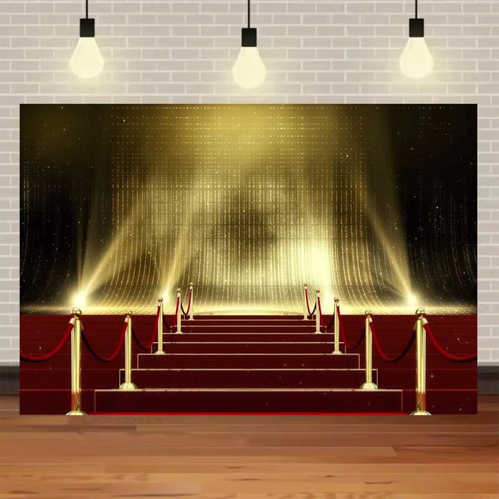 Fondo Fotografico Tappeto Rosso di Hollywood, Tema Uscita Film e Premio Oscar, Fondo Fotografico Focalizzato sull'Oro, Decorazioni per Eventi e Palchi