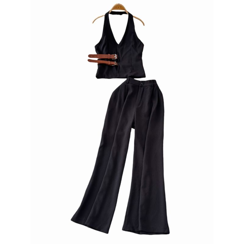 Stylish Niche Style Young Wind Buckle Waist Halter Backless Sling Tops + High Waist Slimming and Wide Leg Two-piece Set