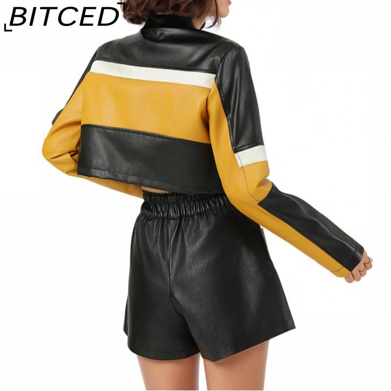 BITCED PU Leather Contrast-Colour Patchwork Sexy Leather Jacket, Stand Collar, Slim-Fit Cropped Style, Trendy Biker Jacket for Women