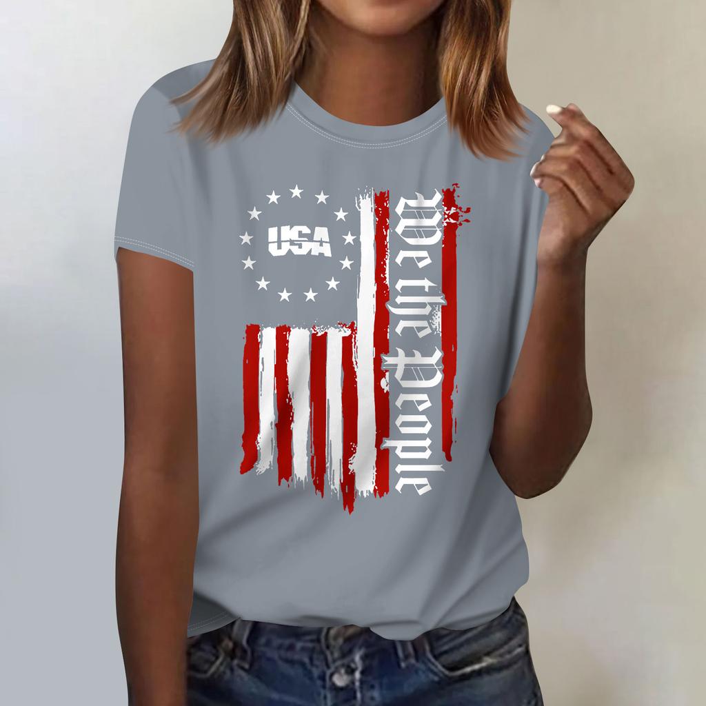 Women's Casual Independence Day Printed T-Shirt Round Neck Pullover Short Sleeve Top