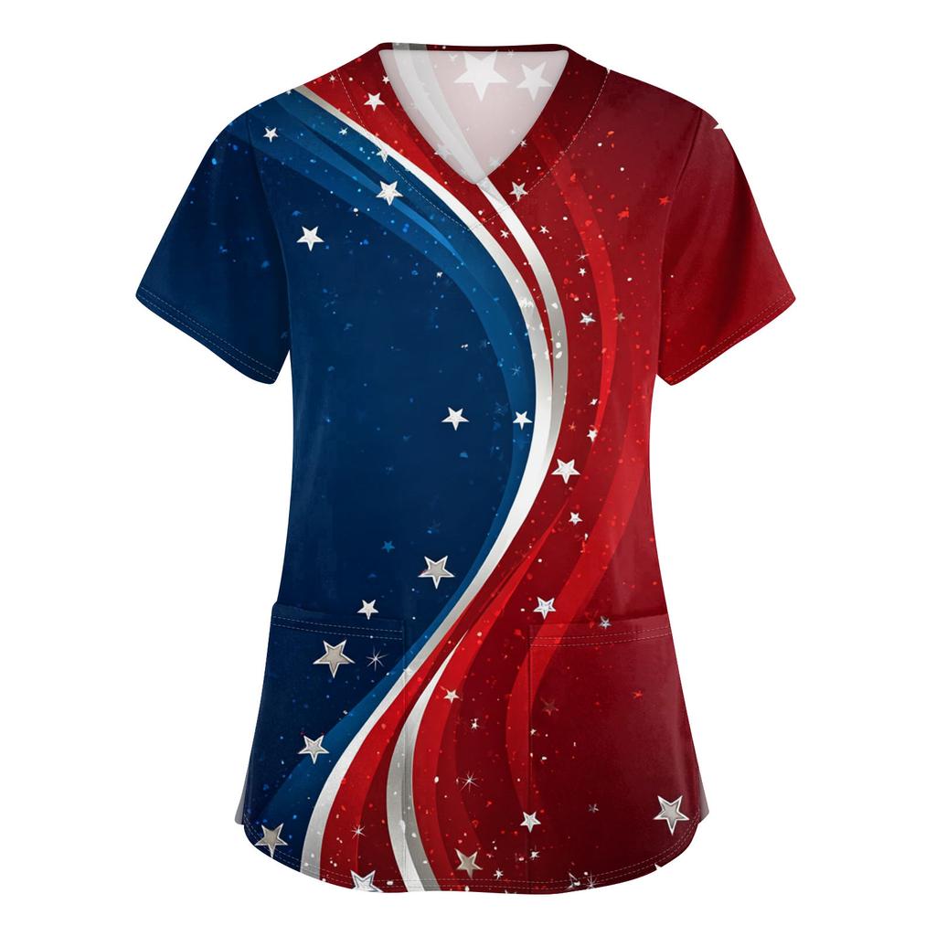 Women's V-neck Independence Day Print Short-sleeved Pocket Side-opening Protective Work Shirt