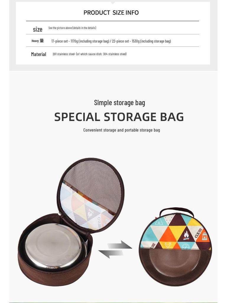 17-Piece Stainless Steel Outdoor Dinnerware Set: Portable BBQ and Camping Cutlery with Plates, Bowls, and Soup Basin.