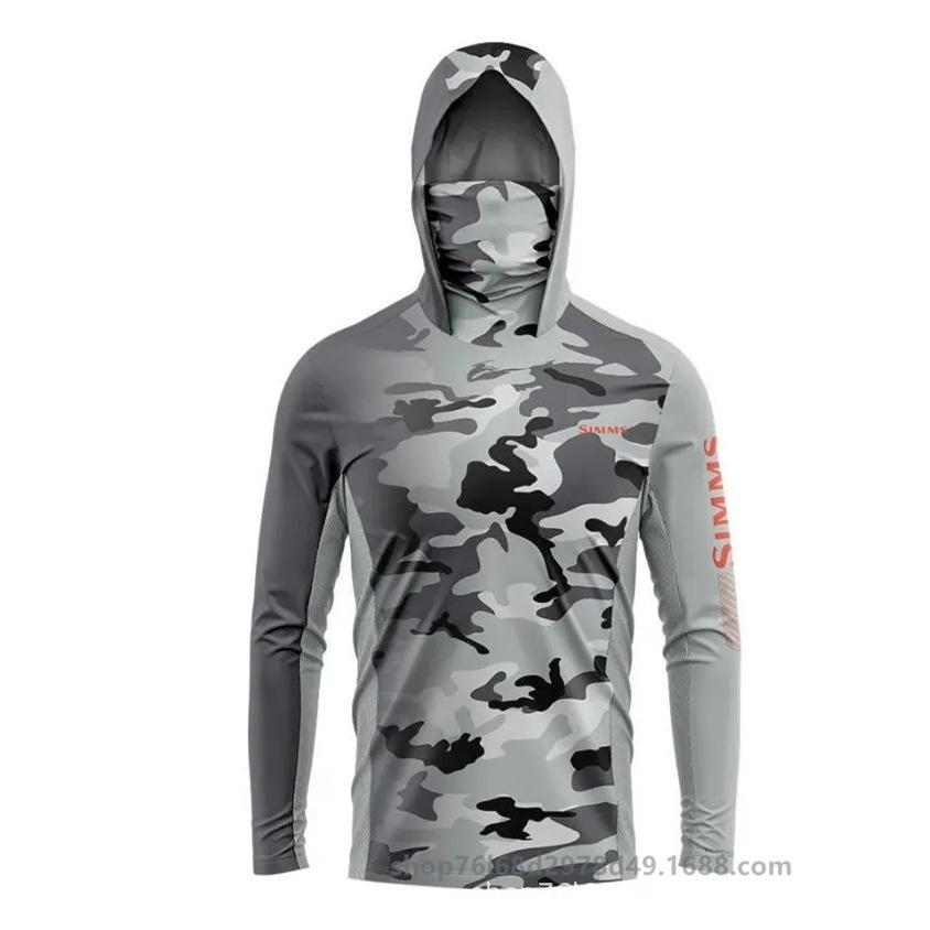 SIMMS T-shirt da pesca felpa con cappuccio manica lunga maschera integrata abbigliamento protezione solare outdoor UPF50 + con cappuccio e maschera