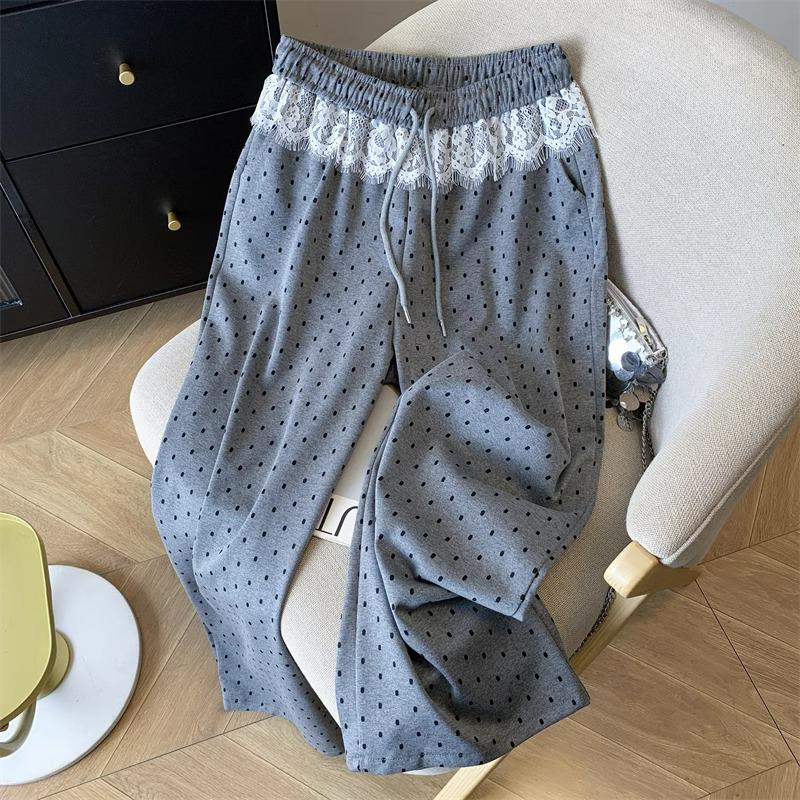 Petite Lace Polka Dot Straight-Leg Casual Pants for Women - Lazy, Loose, and Slimming Wide-Leg Style for 150cm Height
