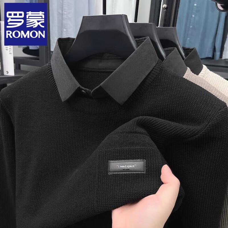 

Romon Men s Faux Two-Piece Sweater with Shirt Collar XL
