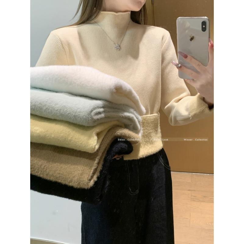 Semi-turtleneck Knitted Sweater Women's Spring Fleece Thickened Inner Backing Top Basic Casual Versatile Sweater
