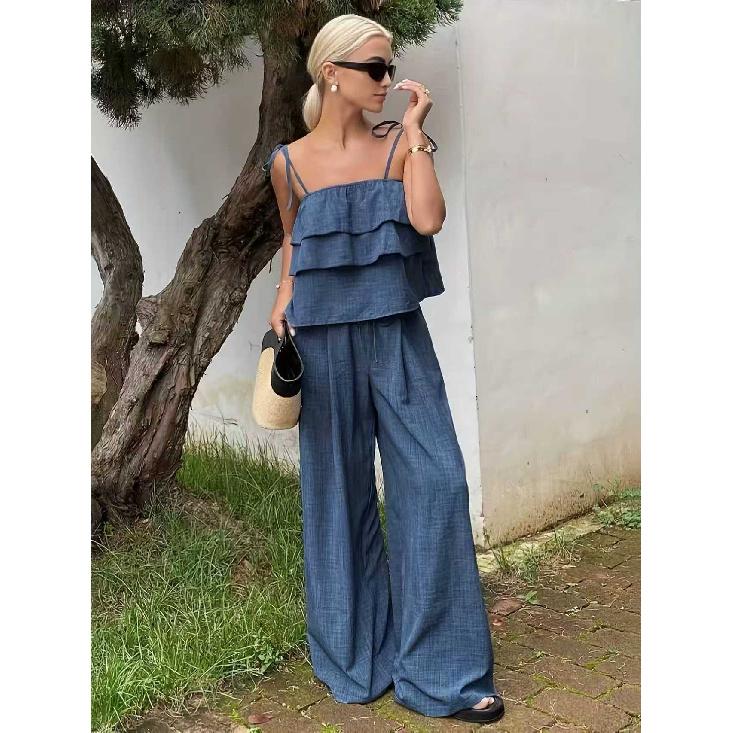 2026 New Fashion Ruffle Trim Camisole Top High-Waisted Tie-Up Pants Casual Women's Suit