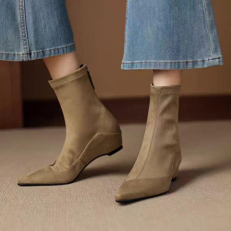 

New autumn and winter suede socks boots inner height increase elastic thin boots temperament square head short boots women s fashion boots 40 абрикосовый