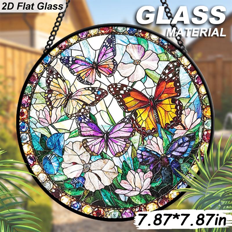 2D Flat, 1pc Butterflies & Flowers Round 7.87in Glass Suncatcher, Colorful Butterflies & Flowers Print Window Hanging Ornament, Vibrant Nature Home