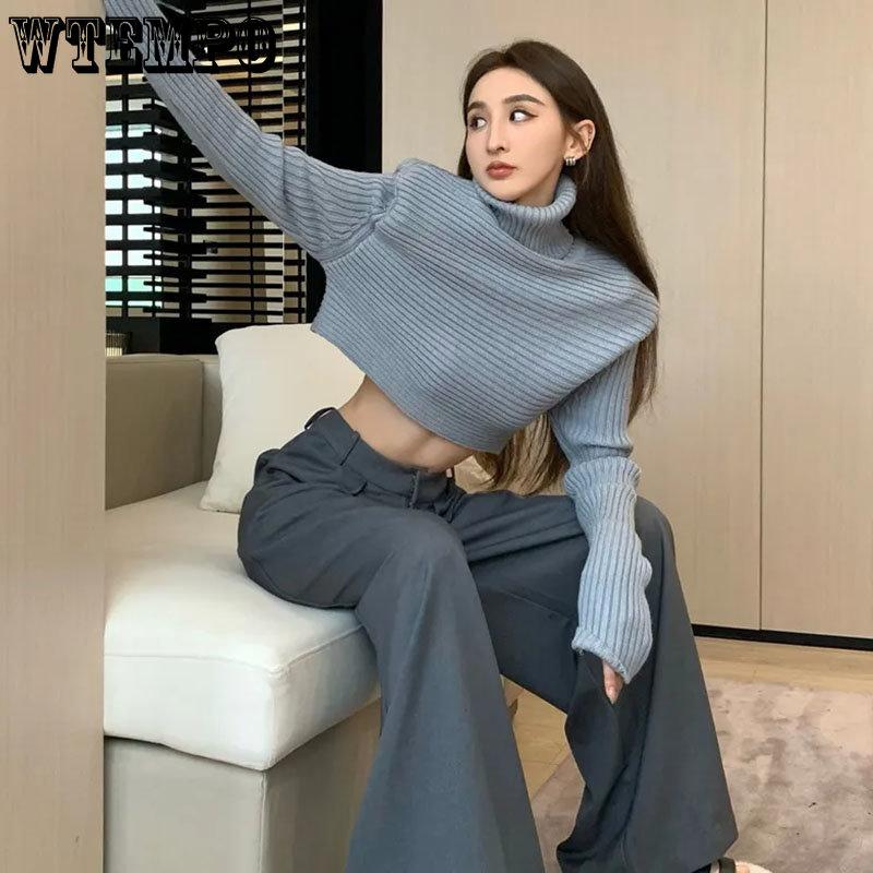 

Короткие женские свитера с высоким воротником, свободные топы с длинными рукавами в стиле панк, вязаный пуловер, женские корейские повседневные свитера большого размера