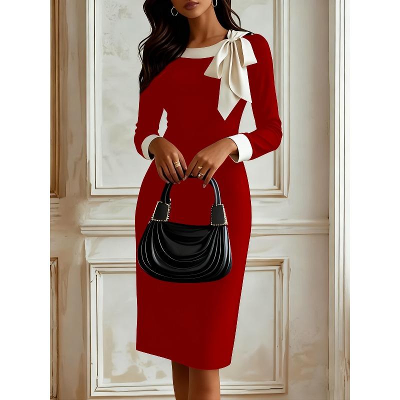 BFCCQB Women's Fashion Autumn Winter O-Neck Long Sleeve Solid Color Print Casual Dresses