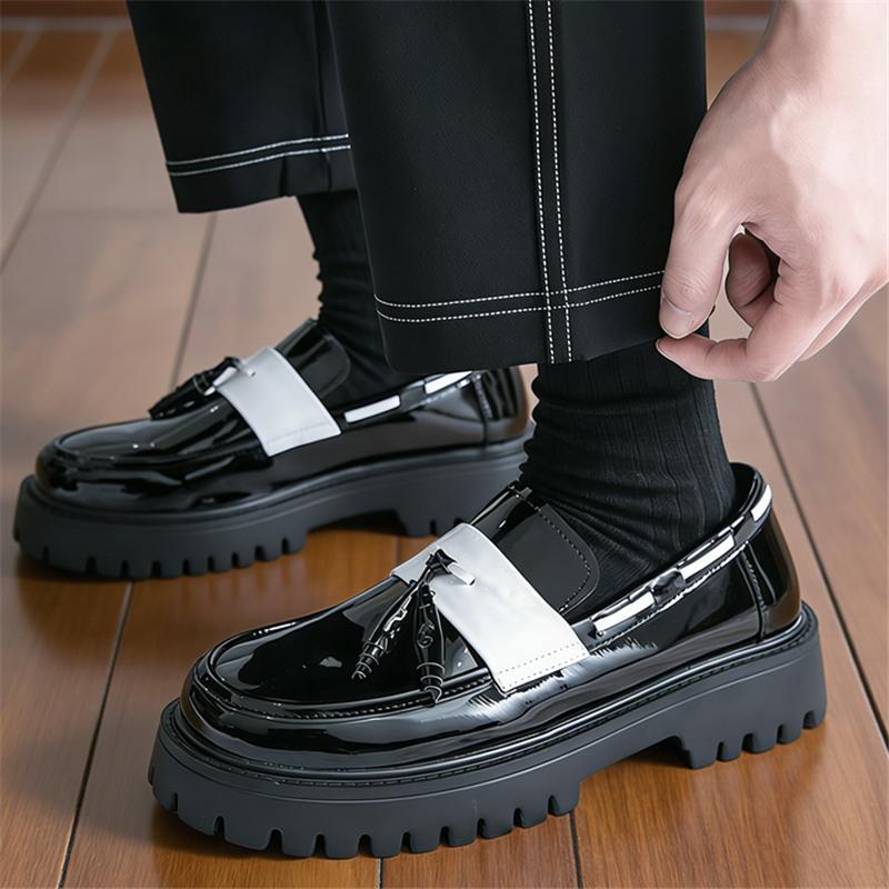 Fashion Designer Men's Black White Mixed Leather Height Increasing Casual Shoes Male Tassels Loafers Formal Flats Dress Footwear