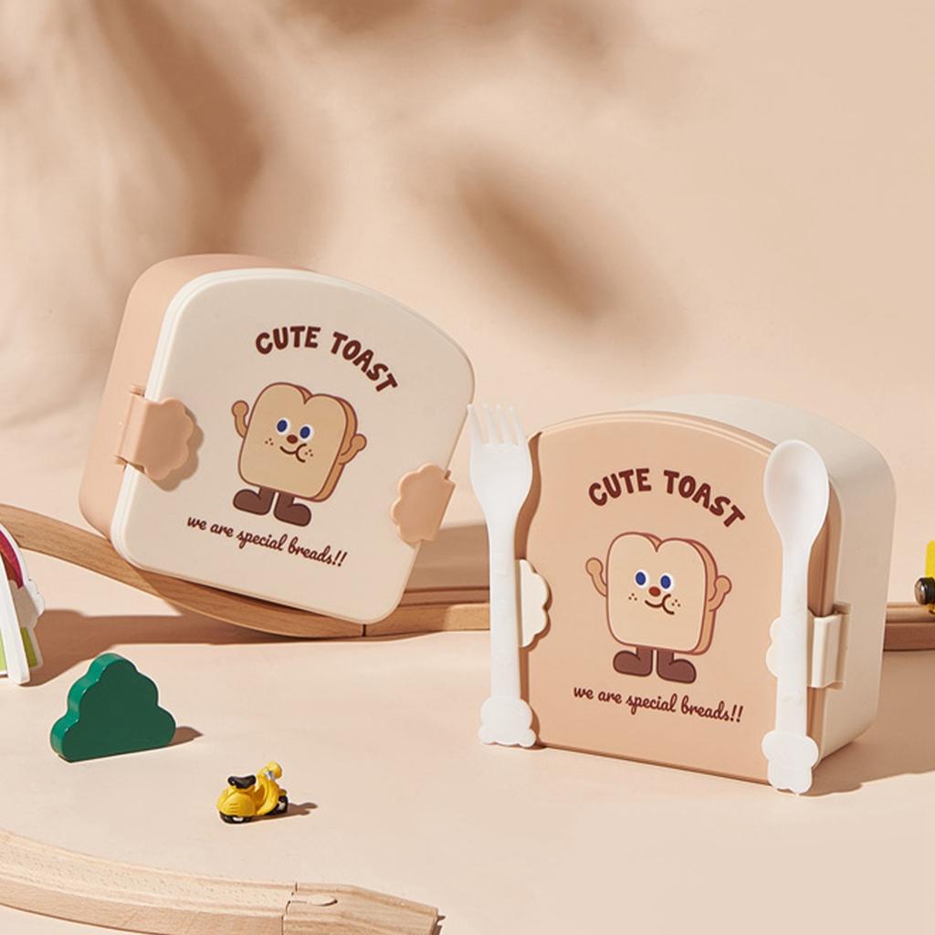 Children Bento Box Cartoon Look Divider Food Container School Portable Lunch Storage Box Khaki Toast Pattern Lid
