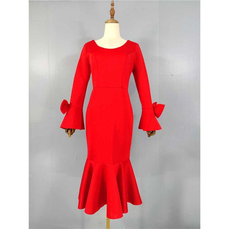 

Export Single Elegant round Neck Bowknot Decorative Speakers Long Sleeves Fishtail Elegance Fashion Lady Space Cotton Dress Red 2XL