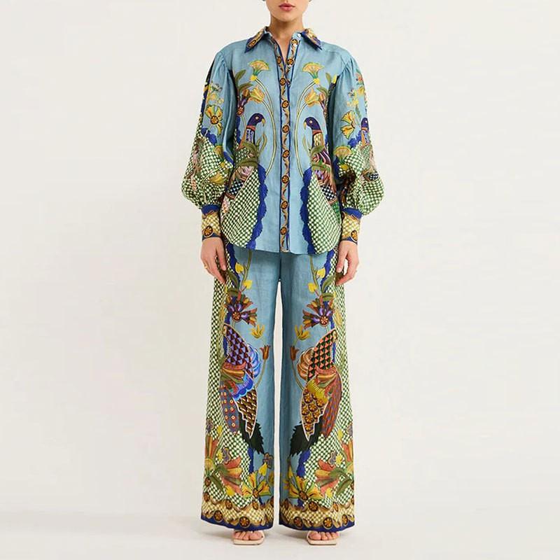 Dress Women s Fashionable Casual Suit Lapel Printed Shirt Pantset S