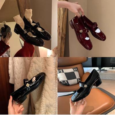 Xiaoxiangfeng Mary Jane Shoes French One-word Buckle Real Soft Leather Flat-soled Single Shoes Light Mouth Thick Heel Small Leather Shoes Loafers Wom