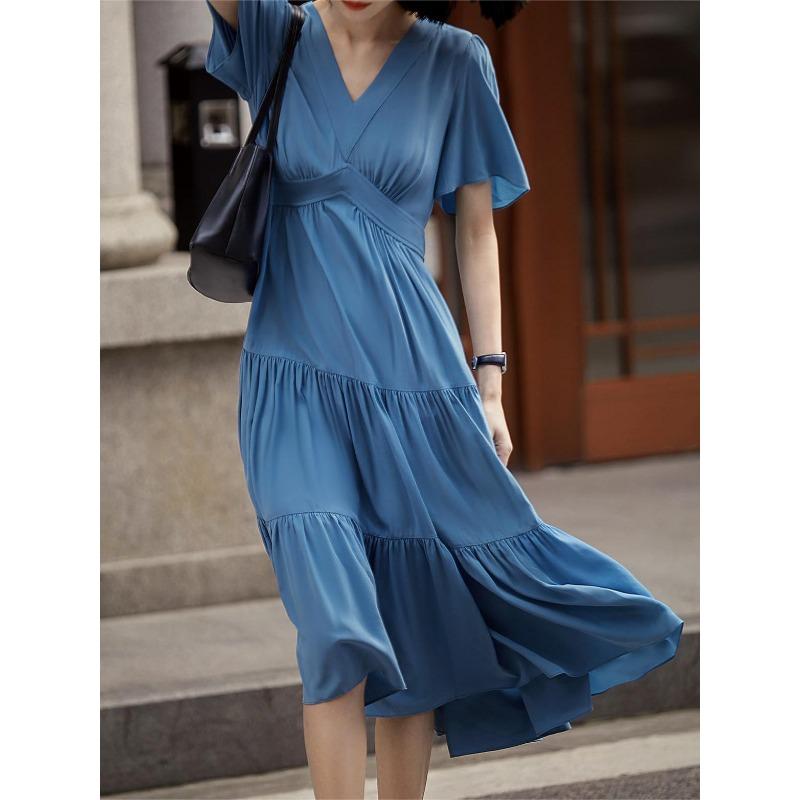 

Новое летнее классическое облегающее черное платье с юбкой из крепа и имитации шелка шелковицы в стиле французского темперамента XL синий