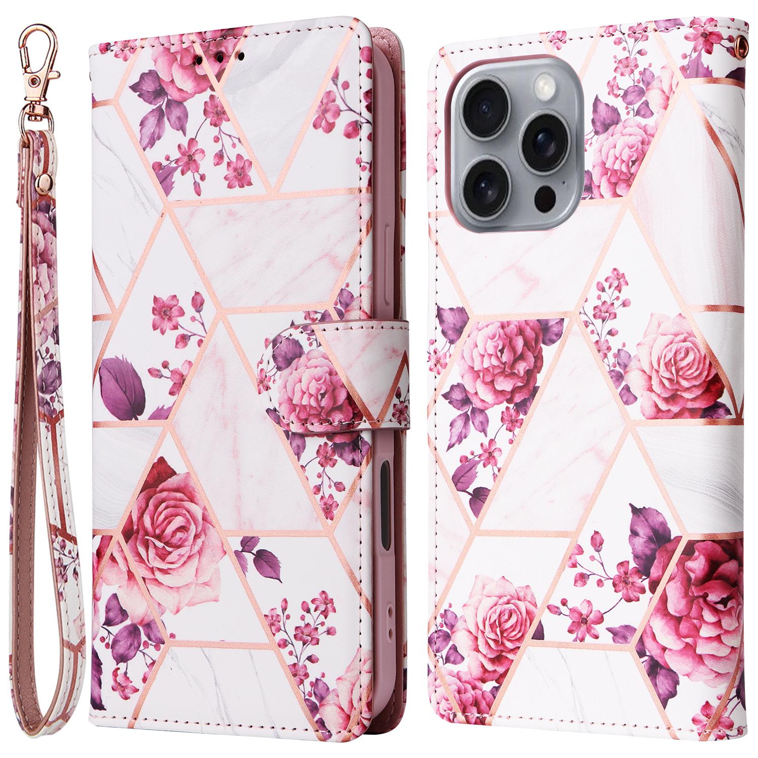 

For iPhone 16 Pro Max Case Lacquered Marble Pattern Card Slots Wallet Leather Phone Cover Rose Gold
