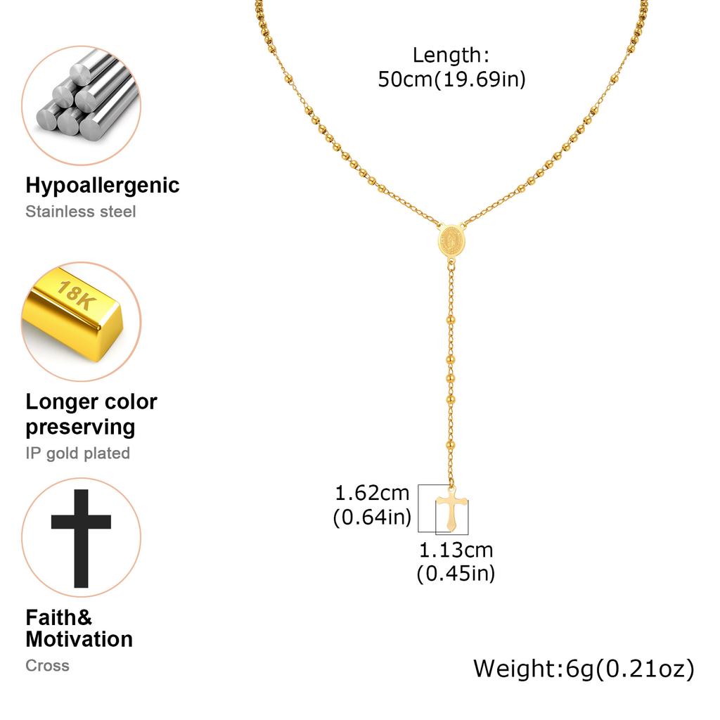 Rosenkranz Jungfrau Kreuz Anhänger Y-förmige Halskette für Frauen, Edelstahl Gliederkette Perlen Gebetskette, Maria Schmuck Geschenk