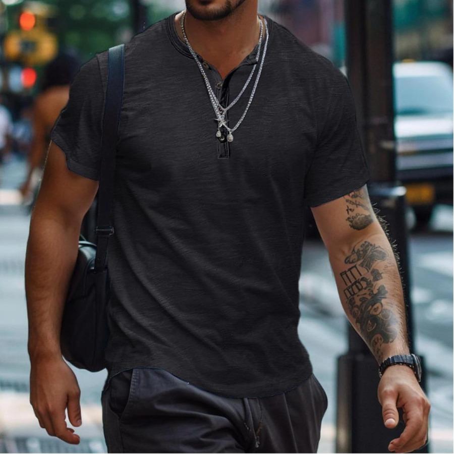 Summer White Black T-shirt Men's Tops Solid Color Button Henley Collar Sports Polo Shirt