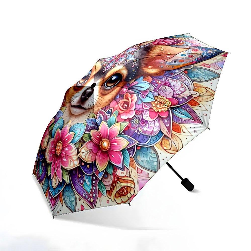 Folding Umbrella Chihuahua Surrounded by Vibrant Floral Mandala Creative Portable Folding Umbrella Christmas and Other Holiday