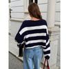 Women's Striped Contrast Color Cropped Knit Sweater Autumn Winter Long Sleeve Crew Neck Loose Casual Daily Pullovers Tops