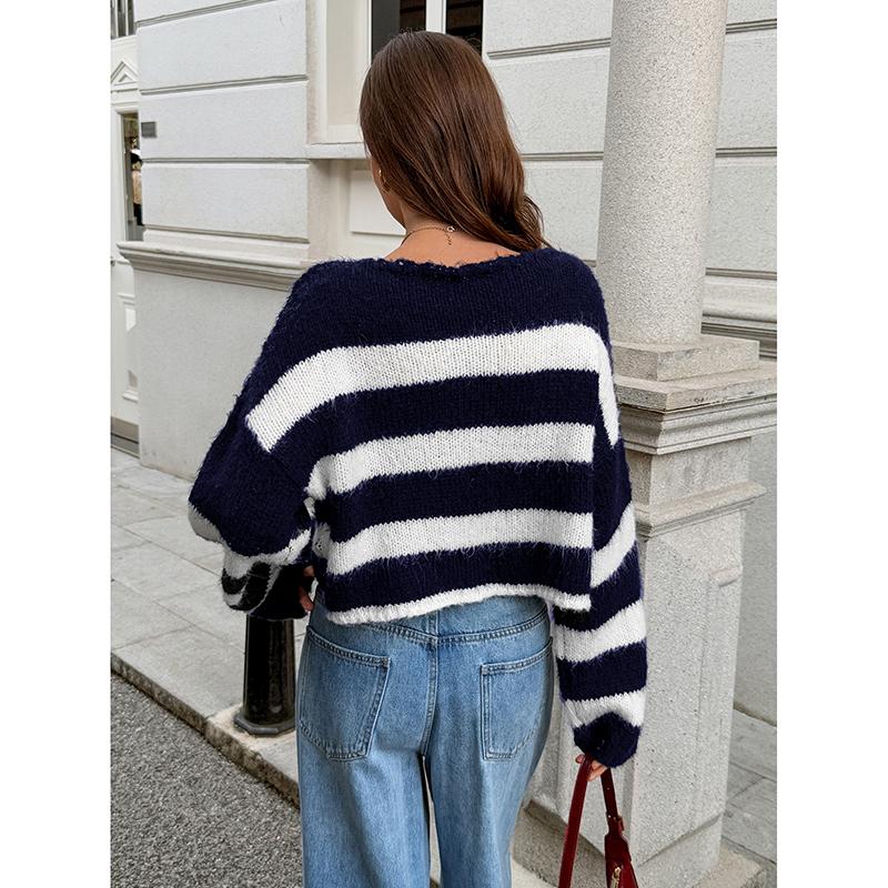 Women's Striped Contrast Color Cropped Knit Sweater Autumn Winter Long Sleeve Crew Neck Loose Casual Daily Pullovers Tops