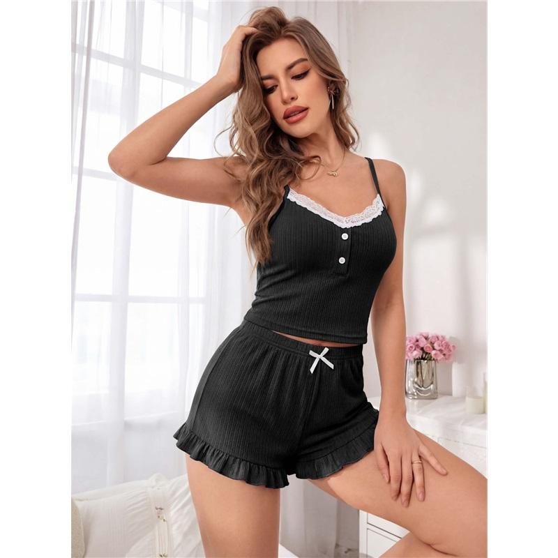 European And American Sexy Lace Suspender Shorts Pajamas Set Women s Home Wear L чёрный