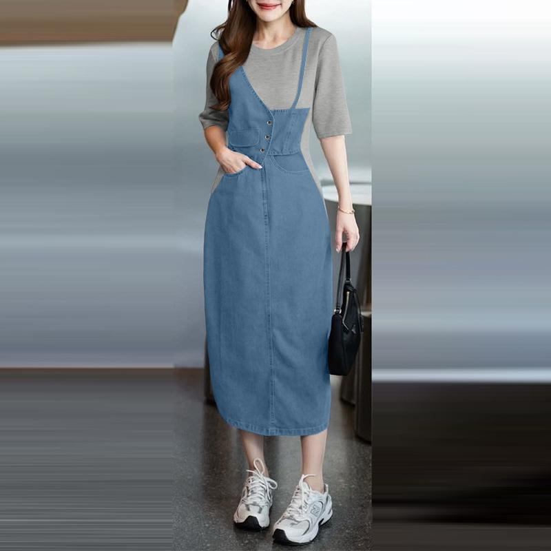 

ZANZEA Женское повседневное платье с круглым вырезом, коротким рукавом и лоскутным дизайном 5XL серый