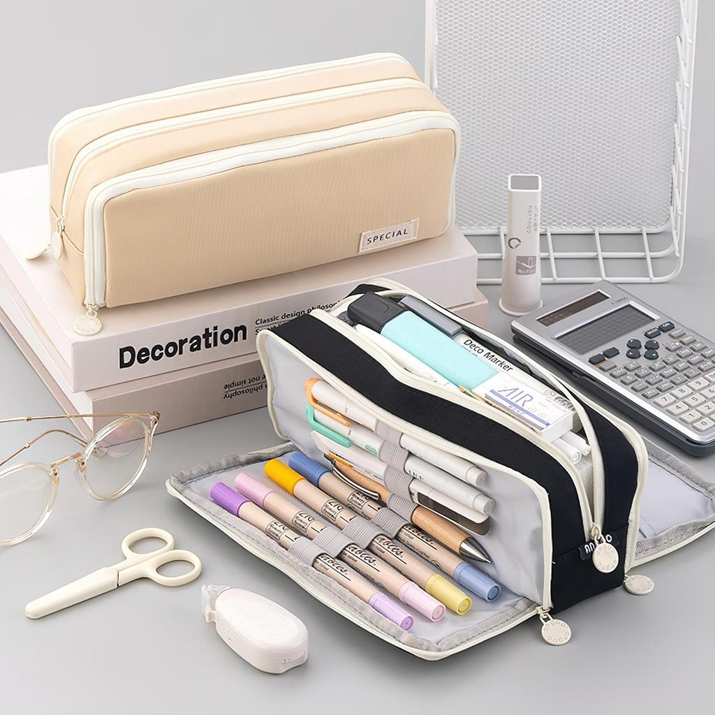 Angoo Linen Type Cloth Pencil Case Pen Bag 3 Compartments Storage Pouch Organizer for Stationery