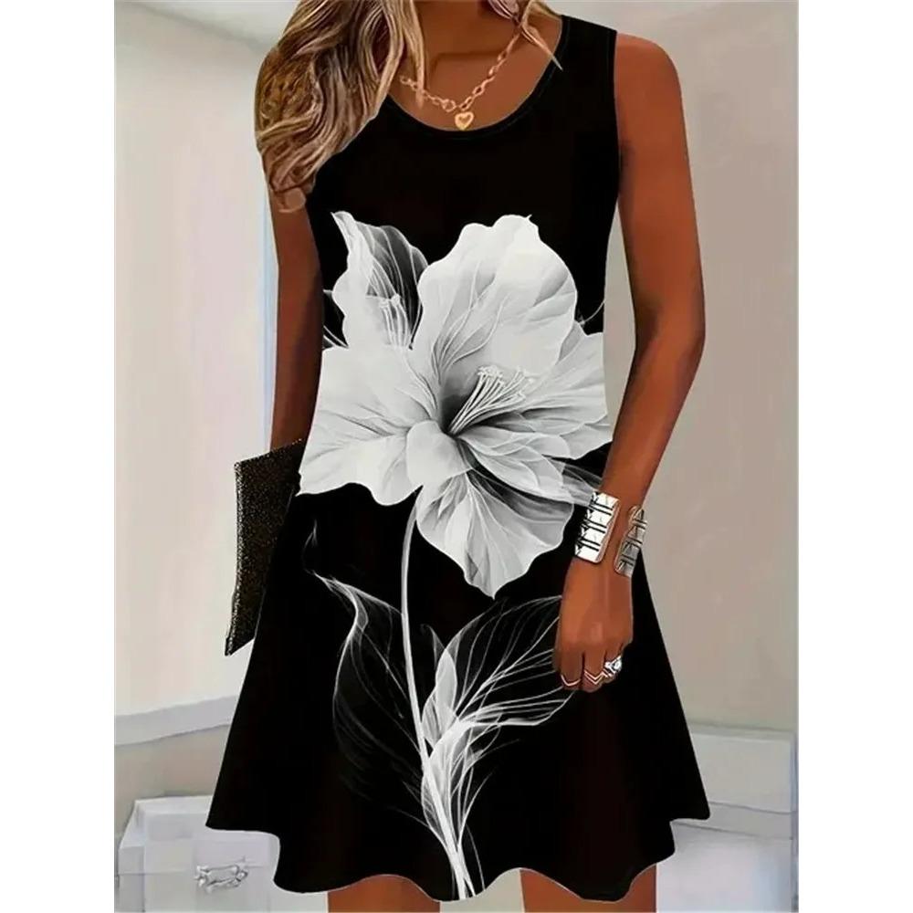 Red Rose Flower Print Dress Summer Women Fashion Sleeveless Loose Mini Dress Casual O-Neck Pocketless Plus Size Dresses