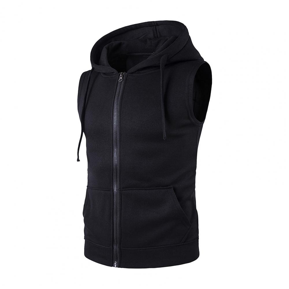 Men Vest Jacket Hooded Drawstring Sleeveless Zipper Placket Vest Coat Solid Color Pockets Zipper Placket Waistcoat