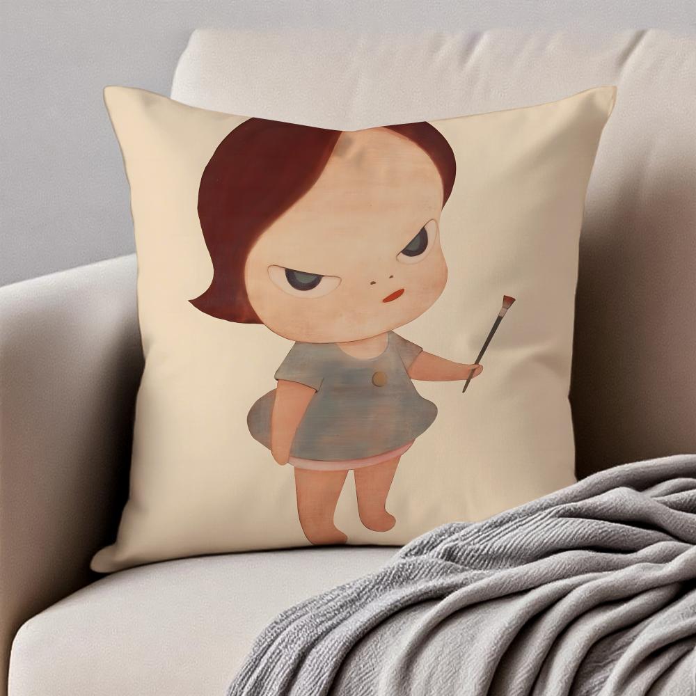 Whimsical Cute Japanese Art YYoshitomo Nara Cushion Cover Pillowcase Antidustmite Invisible Zipper Short Plush Sofa Cushion