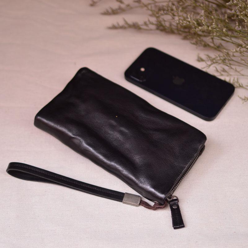 Retro Pleated Genuine Leather Long Wallet with Card Slots and Bill Compartments