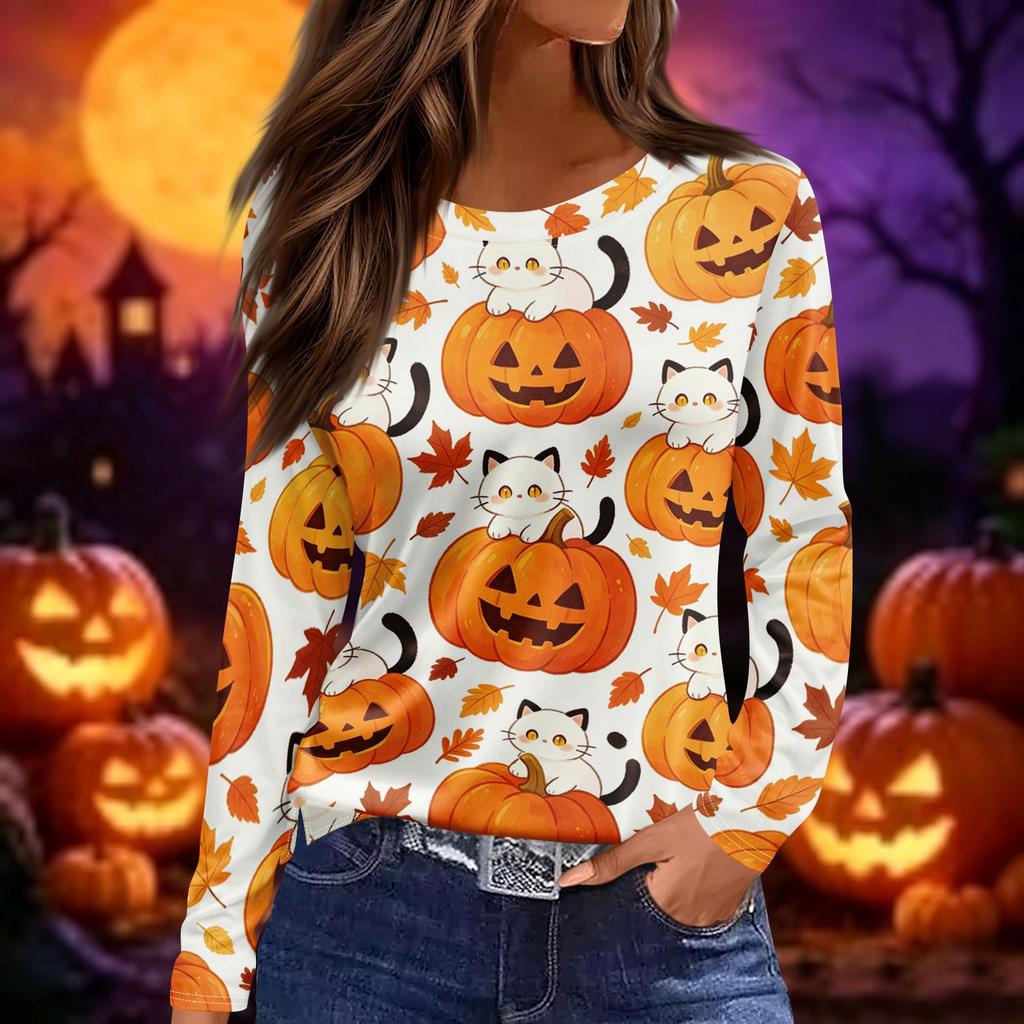Women Fashion Long Sleeve Crew Neck Top Halloween Print Split Hem Casual Blouse Lightweight Comfortable Fit