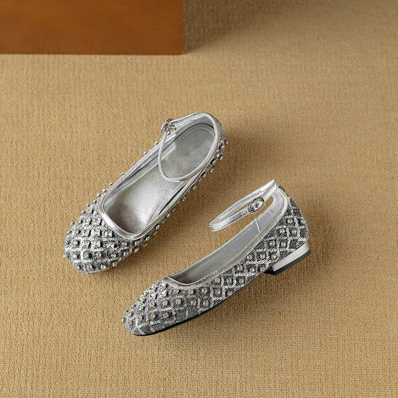 Krazing Pot Knitwear Sheepskin Summer Size 40 Crystal Low Heels Ankle Straps Rhinestone Square Toe Elegant Sweety Pumps