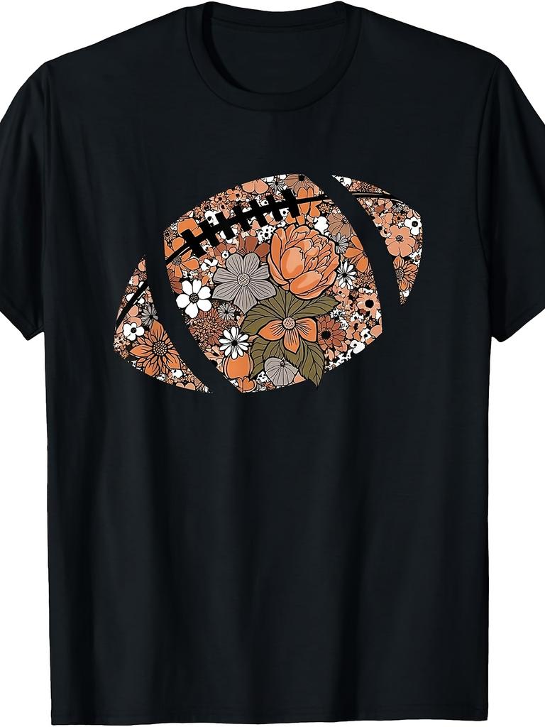 Cute Floral Football Flowers Autumn Season Game Day T-Shirt Plus Size Retro Casual Round Neck Printed T-Shirt Unisex