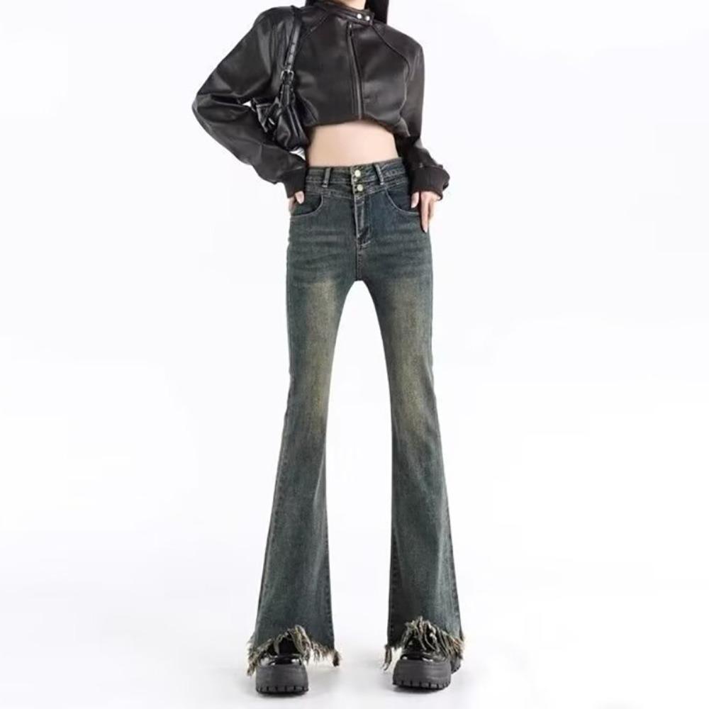 Neutral Burrs Slightly Pulled Jeans Women's Thin High Waist Spring and Autumn New Design Micro-flared Jeans