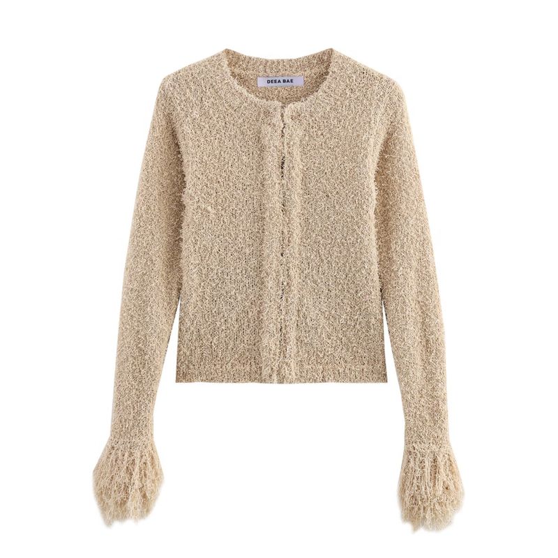 

Kaslead New Arrival Women s Clothing Fashion Style Tassel round Neck Long Sleeves Silm Knitting Outwear 0021011 Khaki L