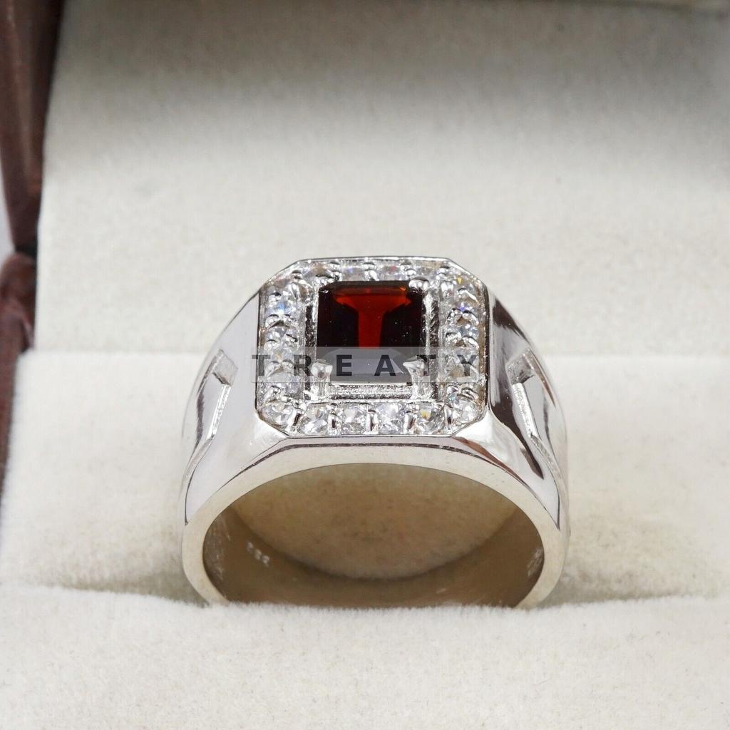 Garnet Emerald Cut Gemstone With 925 Sterling Silver Ring For Men's #B753 JL375692863815