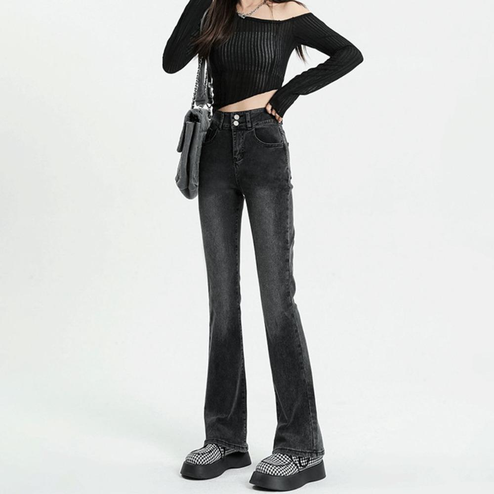 Black and Gray Korean Version of Micro-pull Jeans Women's New Summer High-waisted Horseshoe Pants, Thin Hip-covering Horn Pants