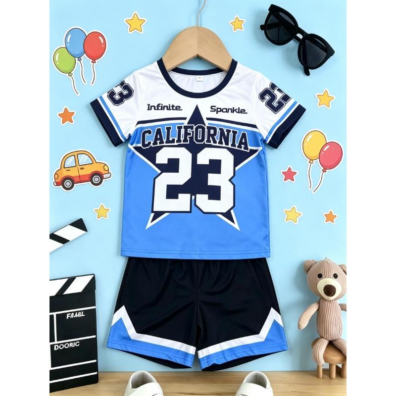 Boys Blue White Color Block Number 23 Print Short Sleeve Casual Shorts Set American Sporty Style 110