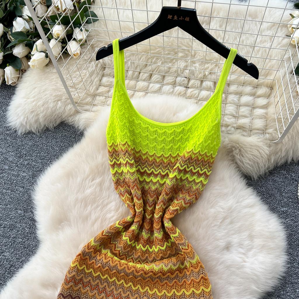 Sweet Spaghetti Strap Knit Dress 2026 Summer Beach Resort Style Trendy Gradient Color Dress