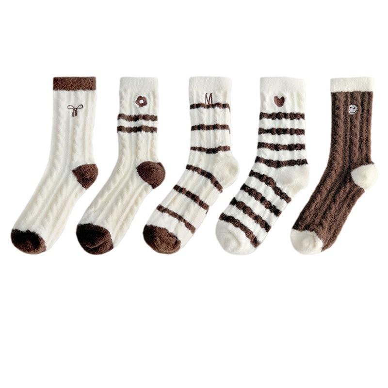 Female Autumn and Winter Thickened Warm Velvet Stripe Home Sleep Tube Socks