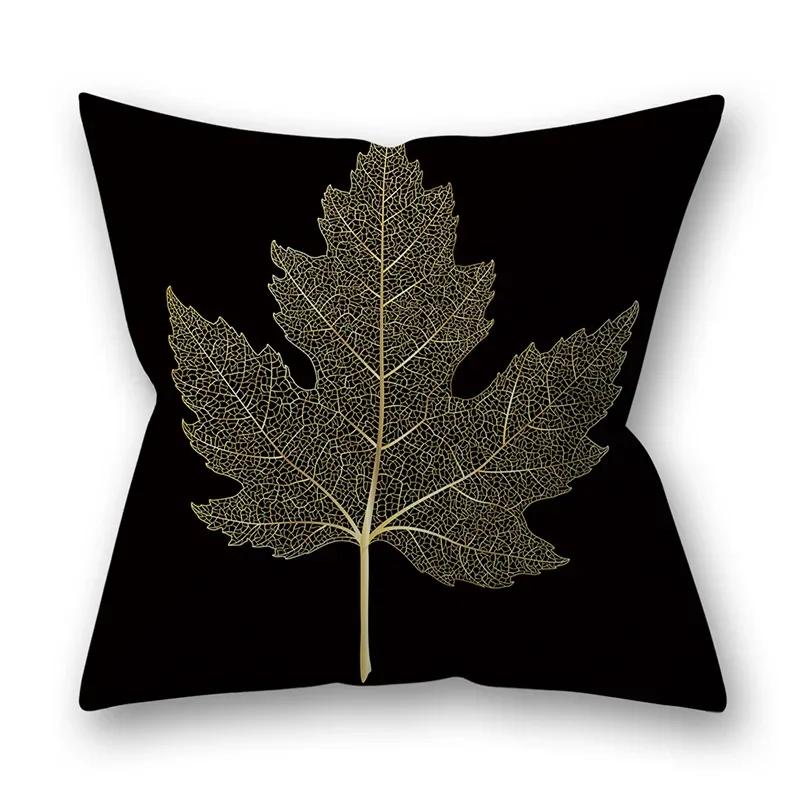 45x45cm Golden Feather Black Pillowcase Custom Leaves Plants Cushion Cover Sofa Living Room Home Decor Square Pillowslip
