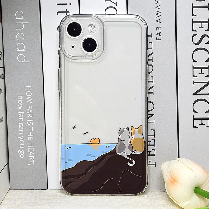 

Cartoon Cat Dog Sunset Landscape Couple Phone Case for IPhone 16 15 14 11 Pro Max 13 12 Mini XR XS X 7 8 16 Plus SE2 Soft Covers For iPhone XR