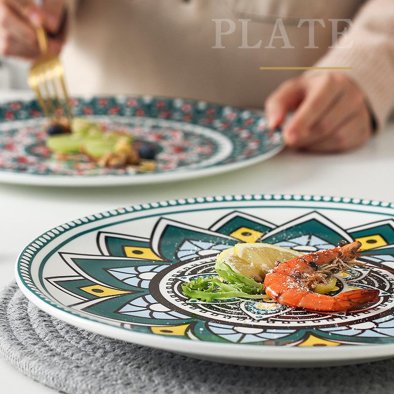 1PC Ceramic Household Dishes Tableware Dim Sum Platter Bohemian Steak Western Food Round Tray